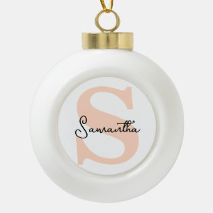 Modern Elegant Personalised Pink Monogram Initial Ceramic Ball Christmas Ornament