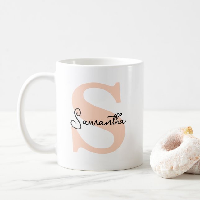 Modern Elegant Personalised Pink Monogram Initial Coffee Mug (With Donut)