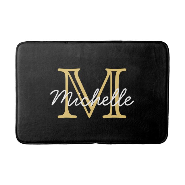 Modern Elegant Personalized Black Gold Name Bath Mat (Front)