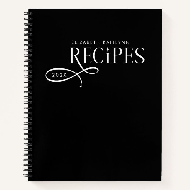 Modern Elegant Personalized Black White Recipes Notebook (Front)