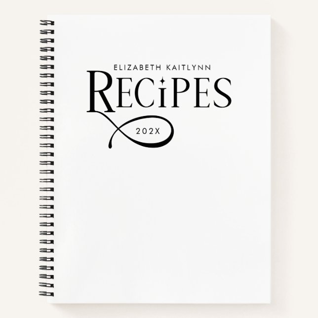 Modern Elegant Personalized Black White Recipes Notebook (Front)
