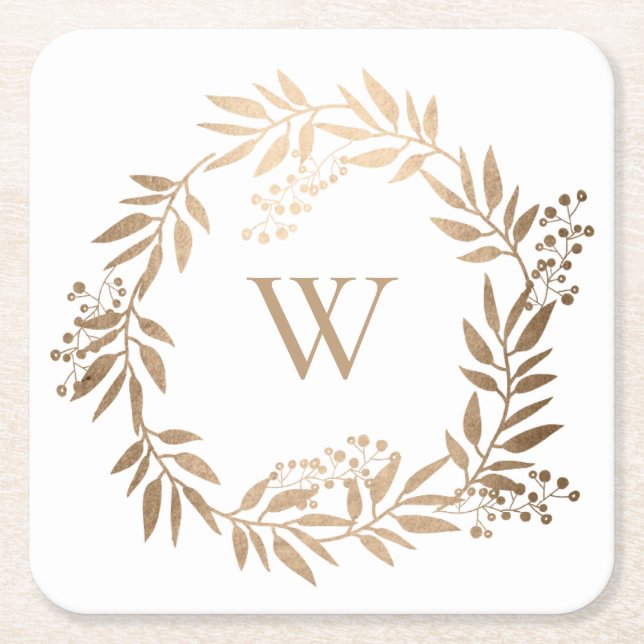Modern Elegant Personalized Gold Monogram Square Paper Coaster (Front)