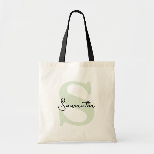 Modern Elegant Personalized Green Monogram Initial Tote Bag (Front)