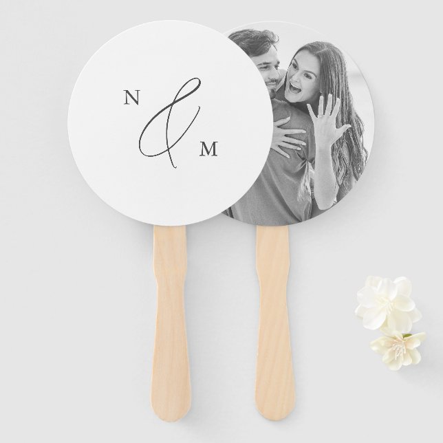 Modern Elegant Personalized Monogram Photo Wedding Hand Fan (Front and Back)