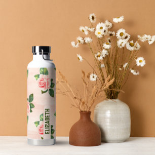 Modern Elegant Personalized Name Pink Rose  Water Bottle