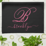 Modern Elegant Personalized Pink Name Monogrammed Kitchen Towel<br><div class="desc">Modern, minimalist black and hot pink custom personalized name and monogrammed kitchen towel. It features a monogram initial in serif style font and a pretty handwritten first name text template in hot pink, white colour on black background. Great feminine, girly personalized gift. If you need help or matching items, please...</div>