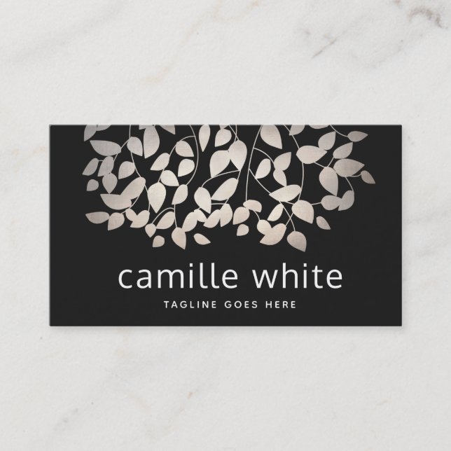 Modern Elegant Pewter Silver Leaves Black Business Card (Front)
