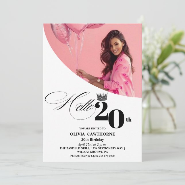 Modern Elegant Photo 20th Birthday Party Invitation (Standing Front)