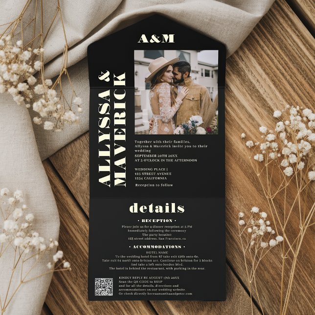 Modern elegant photo qr code black wedding all in one invitation (Modern elegant photo qr code black wedding all in one invitation)