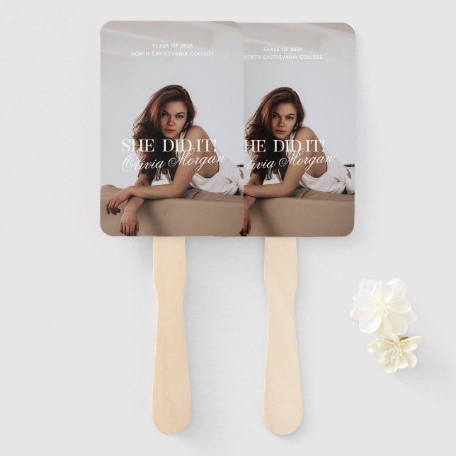 Modern Elegant Photo She Did It Grad Hand Fan (Front and Back)