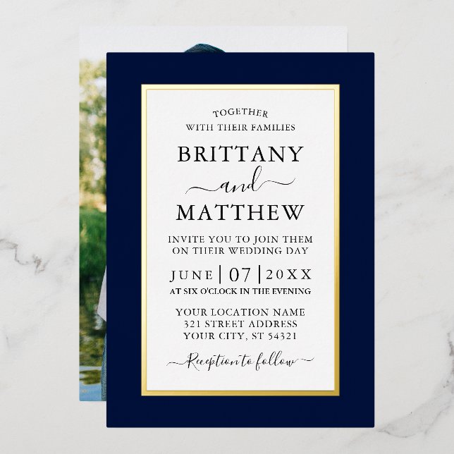 Modern Elegant Photo Wedding Blue Gold (Front/Back)