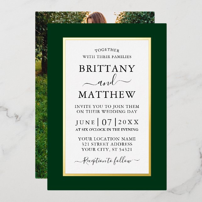 Modern Elegant Photo Wedding Green Gold (Front/Back)