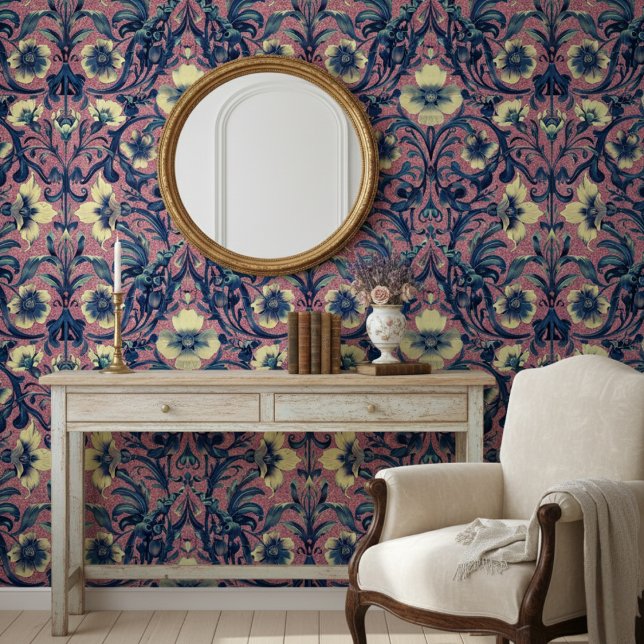 Modern Elegant Pink And Blue Floral Baroque Wallpaper (Creator Uploaded)