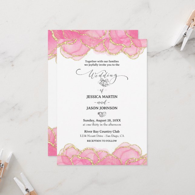Modern Elegant Pink and Gold Script Wedding  Invitation (Front/Back In Situ)