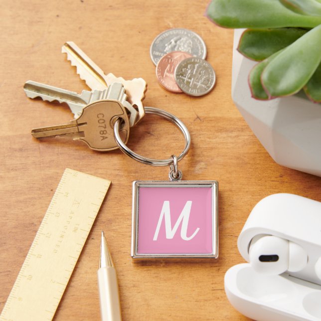 Modern Elegant Pink and White Monogram Keychain (Desk)