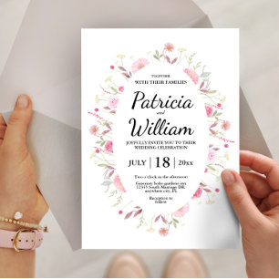 Modern Elegant Pink Blossom Wildflowers Wedding  Invitation