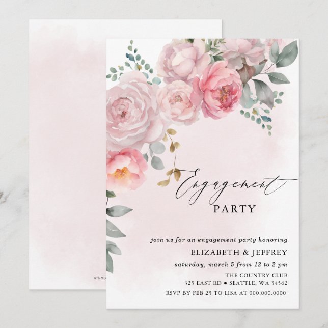 Modern Elegant Pink Blush Floral Engagement Party Invitation (Front/Back)