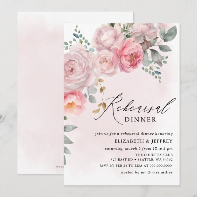Modern Elegant Pink Blush Floral Rehearsal Dinner  Invitation (Front/Back)