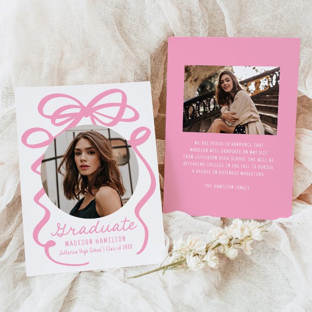 Modern Elegant Pink Bow 2 Photo Graduation Announcement (Creator Uploaded)