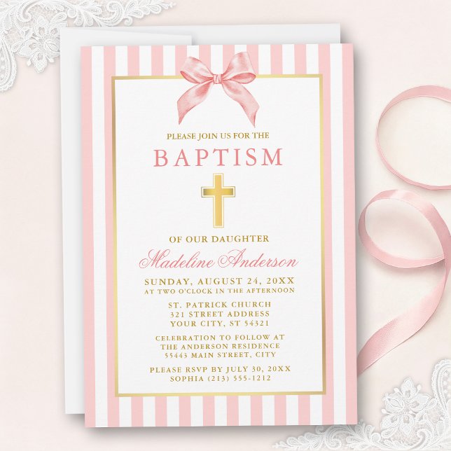 Modern Elegant Pink Bow Striped Baptism Invitation (Customize to change text color, text size or style.)