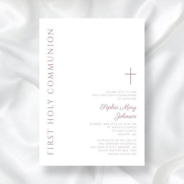 Modern Elegant Pink Cross Girl First Communion Invitation (Modern Elegant Pink Cross Girl First Holy Communion Invitation)