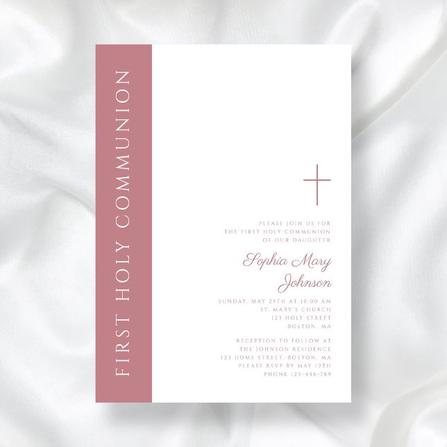 Modern Elegant Pink Cross Girl First Communion Invitation (Modern Elegant Pink Cross Girl First Communion Invitation)