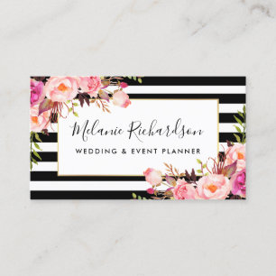 Modern Elegant Pink Floral Black Striped Business Card