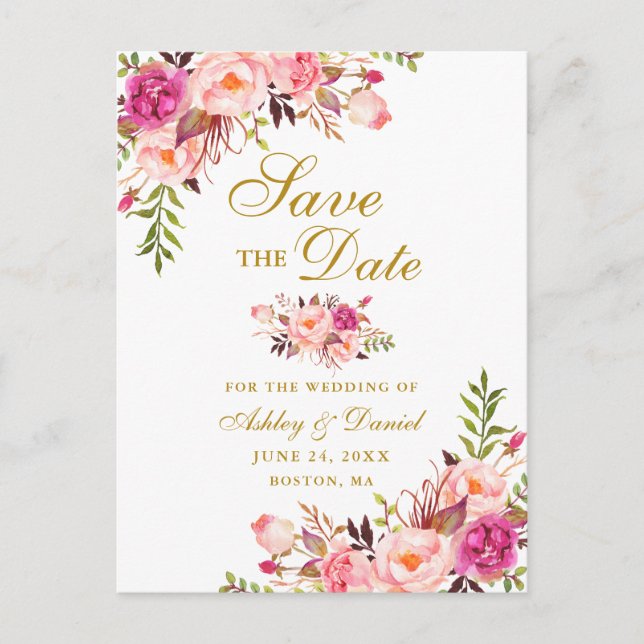Modern Elegant Pink Floral Gold Save the Date Announcement Postcard (Front)