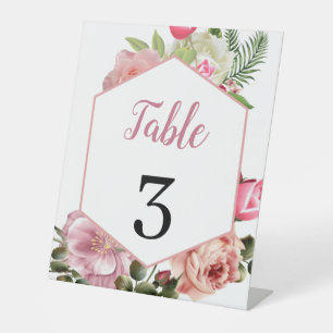 Modern Elegant Pink Floral Hexagon Table Number Pedestal Sign