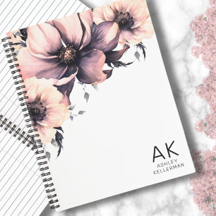 Modern Elegant Pink Floral Initial Monogram Notebook