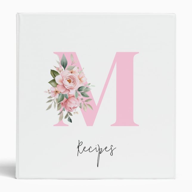 Modern Elegant Pink Floral Initial Monogram Recipe Binder (Front)