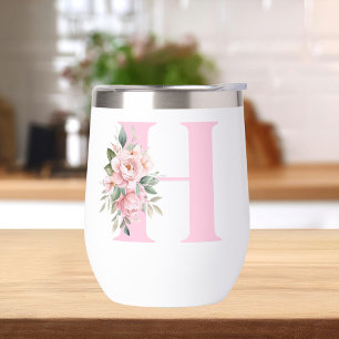 Modern Elegant Pink Floral Initial Name Monogram