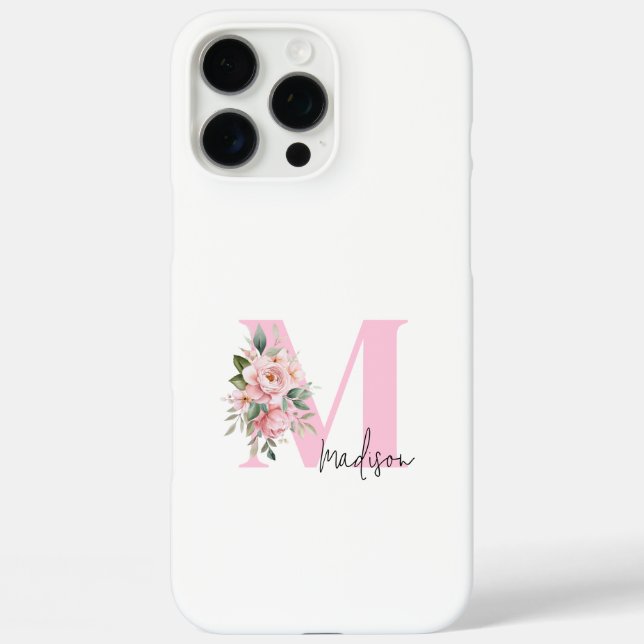 Modern Elegant Pink Floral Initial Name Monogram Case-Mate iPhone Case (Back)