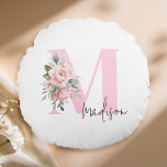 Modern Elegant Pink Floral Initial Name Monogram Round Pillow<br><div class="desc">Create your own personalized throw pillow featuring a custom letter initial monogram with elegant watercolor floral bouquet and modern typography design.</div>