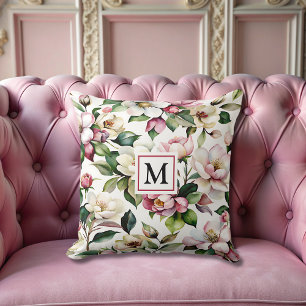 modern elegant pink flowers Monogrammed feminine  Throw Pillow