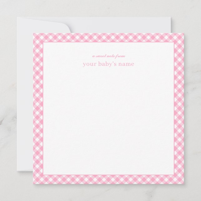 Modern Elegant Pink Gingham Baby Nursery Note Card (Front)