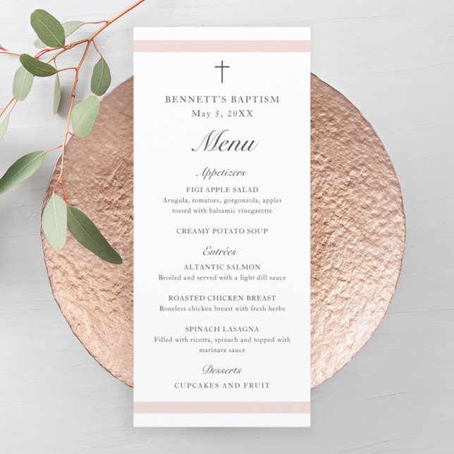 Modern Elegant Pink Girls Baptism Menu (Modern girls baptism menu with script headlines and simple cross.)