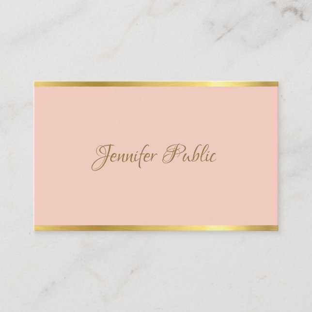 Modern Elegant Pink Gold Cursive Script Template Business Card (Front)
