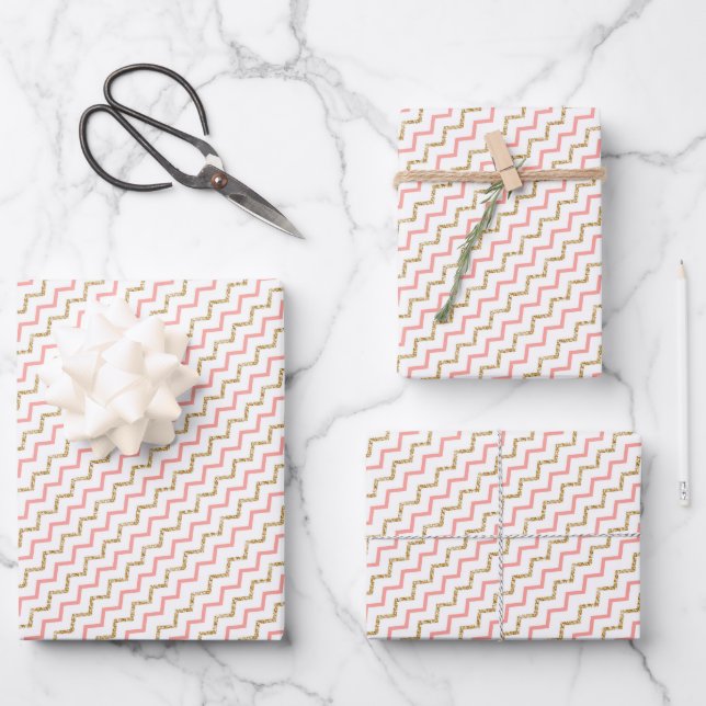 Modern Elegant Pink Gold Zig Zag Chevron Wrapping Paper Sheet (Front)