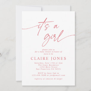 Modern Elegant Pink Its a Girl Script Baby Shower Invitation