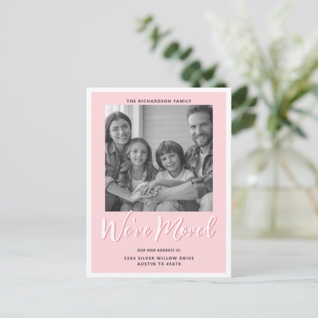 Modern Elegant Pink Moving Announcement Photo Postcard (Standing Front)
