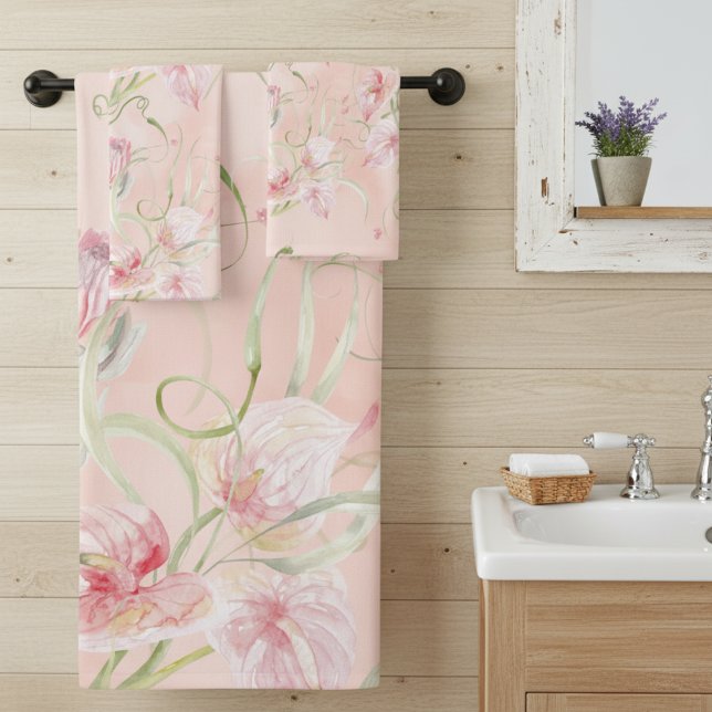 Modern Elegant Pink Peace Lilies On Peach Silk Bath Towel Set (Creator Uploaded)
