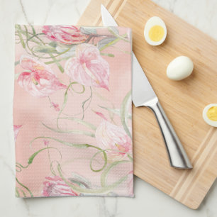 Modern Elegant Pink Peace Lilies On Peach Silk Kitchen Towel