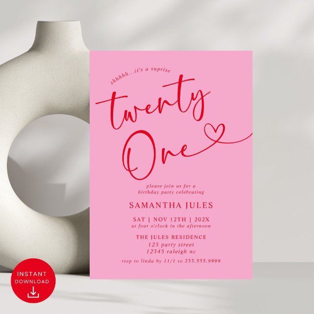 Modern Elegant Pink Red 21st Birthday Party Invitation (Creator Uploaded)