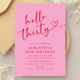 Modern Elegant Pink Red Hello 30th Birthday Party Invitation
