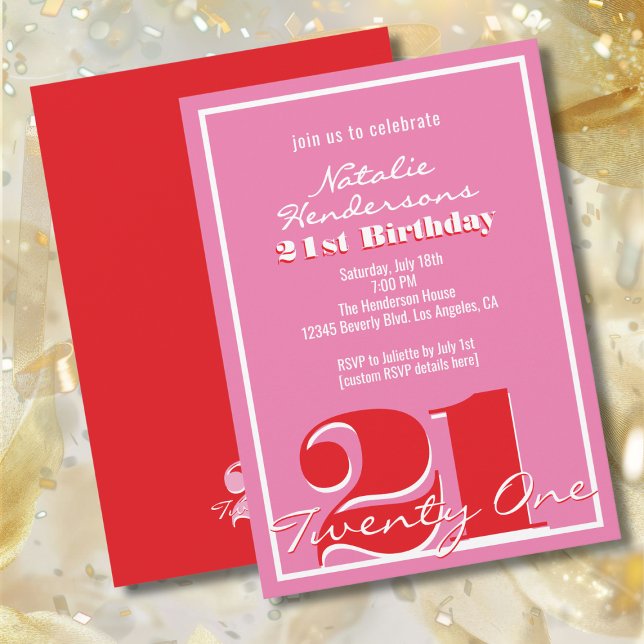Modern Elegant Pink Red Retro 21st Birthday  Invitation (Creator Uploaded)