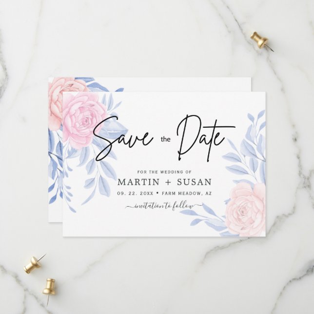 Modern Elegant Pink Rose Blue Minimalist Wedding Save The Date (Front/Back In Situ)