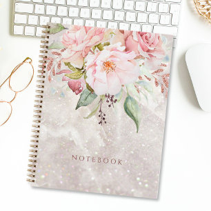 Modern Elegant Pink Rose Peony Floral Marble Notebook