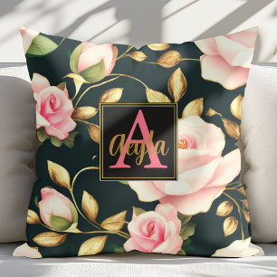 Modern Elegant Pink Roses Gold Leaves Monogram Throw Pillow