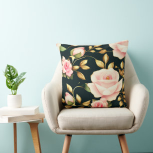 Modern Elegant Pink Roses Gold Leaves Throw Pillow